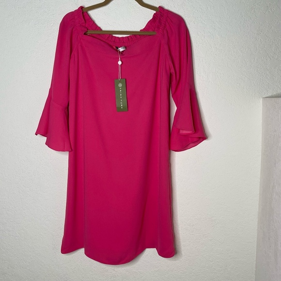 Trina Turk NWT Knox Off Shoulder Dress Flared Sleeve Shift Size M Pink Lined - Picture 1 of 14